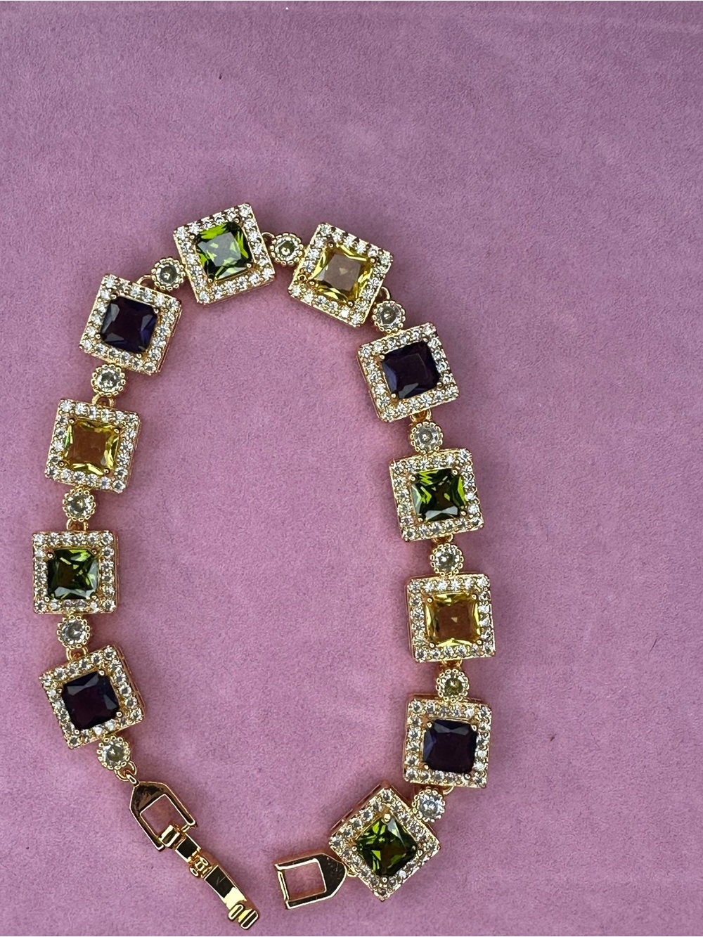 Gold-Tone Multi-Gem Square Tennis Bracelet - Green & Brown